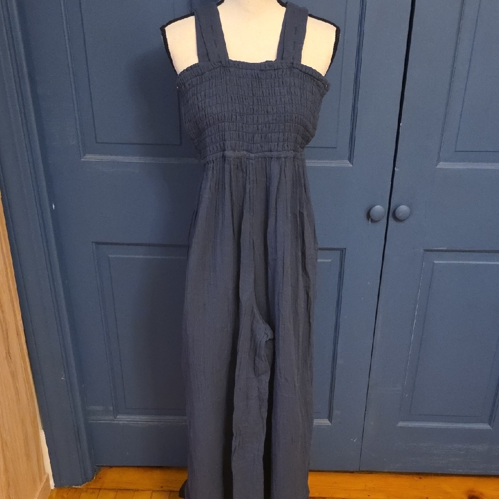 NWOT Quince Navy Elastic-Waist Tank Strap Cotton Gauze Jumpsuit Pockets Small - Picture 7 of 8